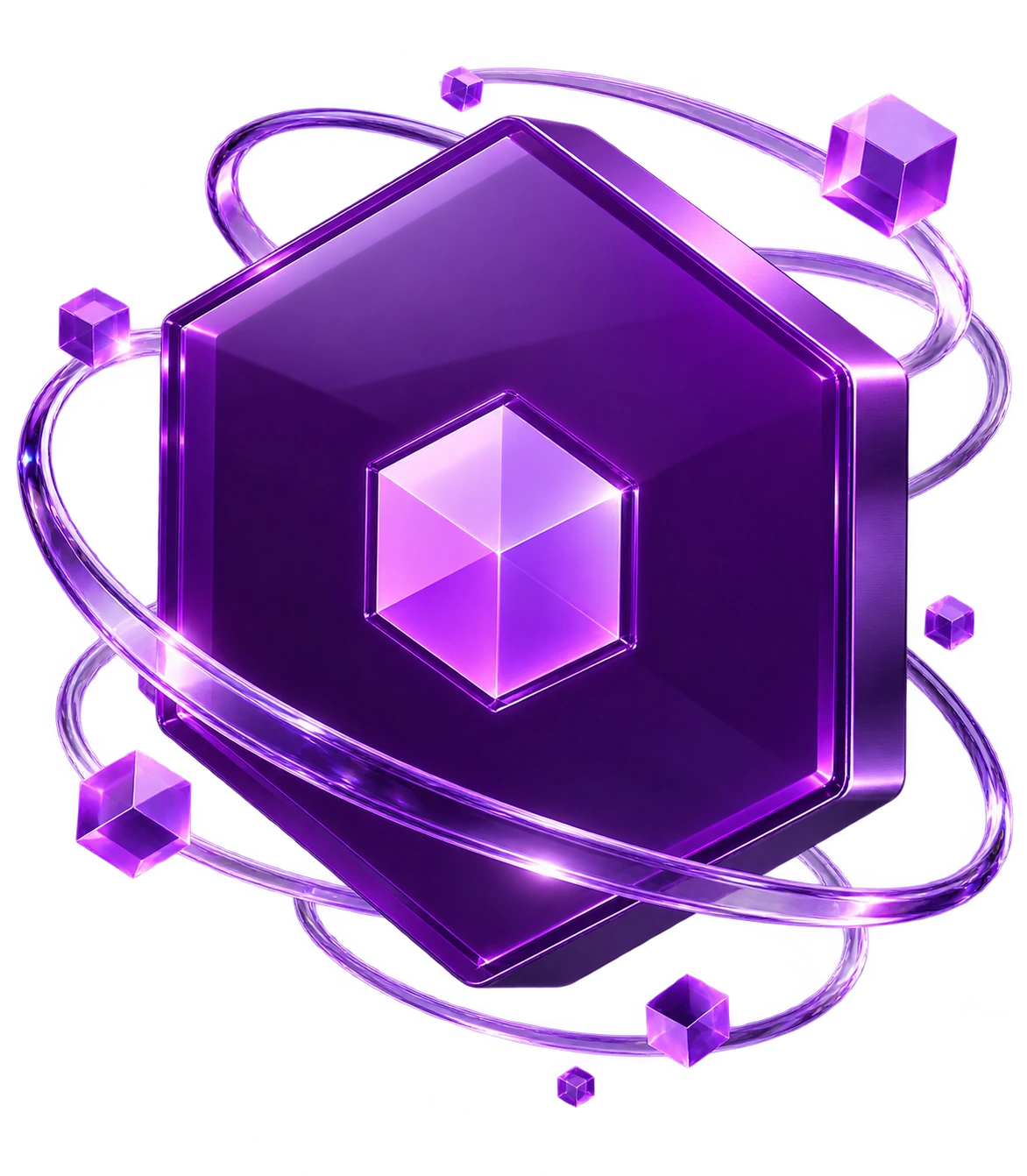 Code255 hexagonal emblem rendered as an illustrative violet glass sculpture